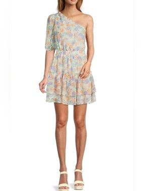 NWT! Resort WAYF Anthro Floral One Shoulder Women's Tiered Mini Dress Medium